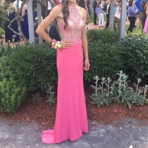 Pink high neck prom dress